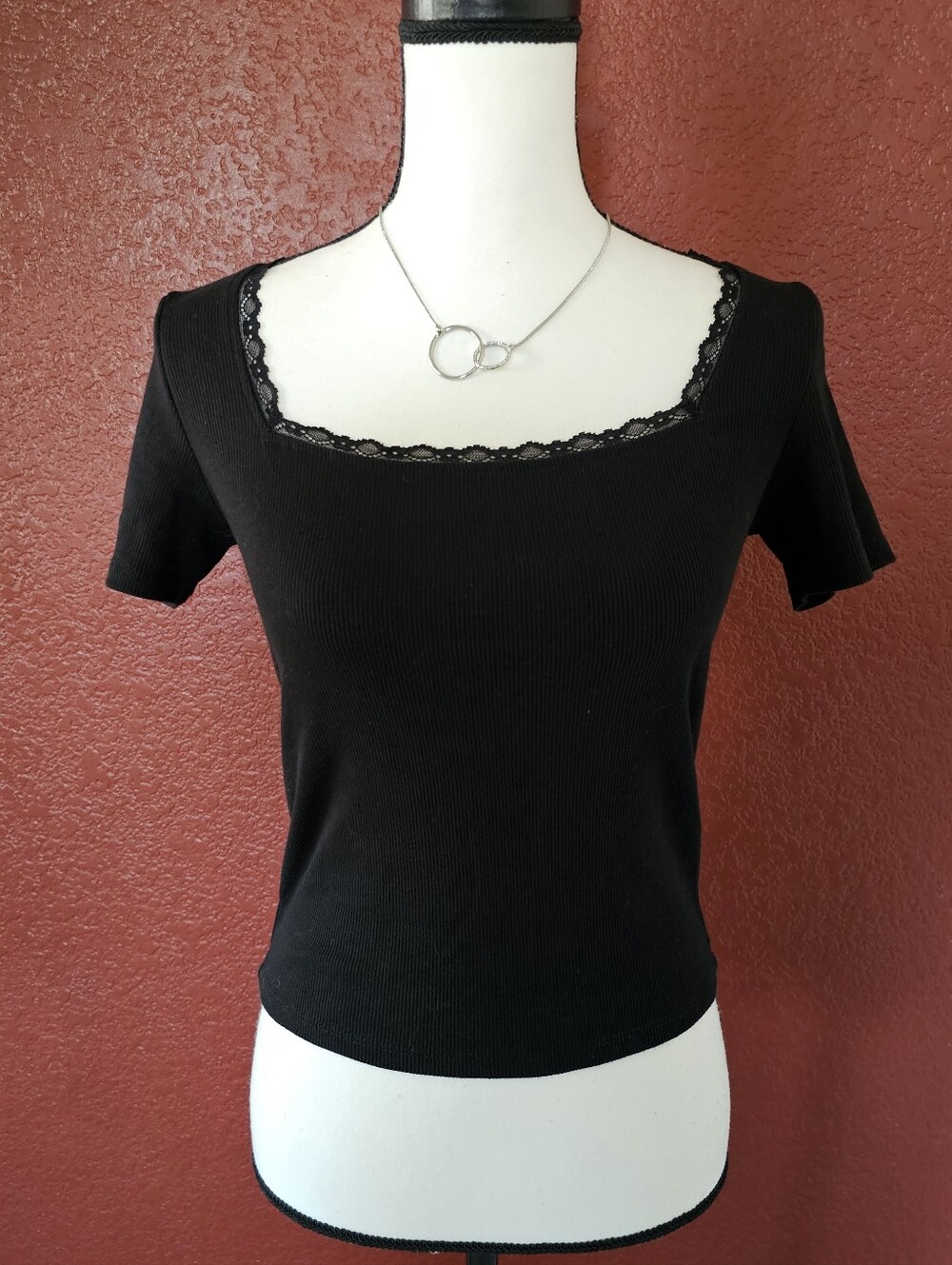 CeCe Black Lace-Trim Square Neck Crop Top